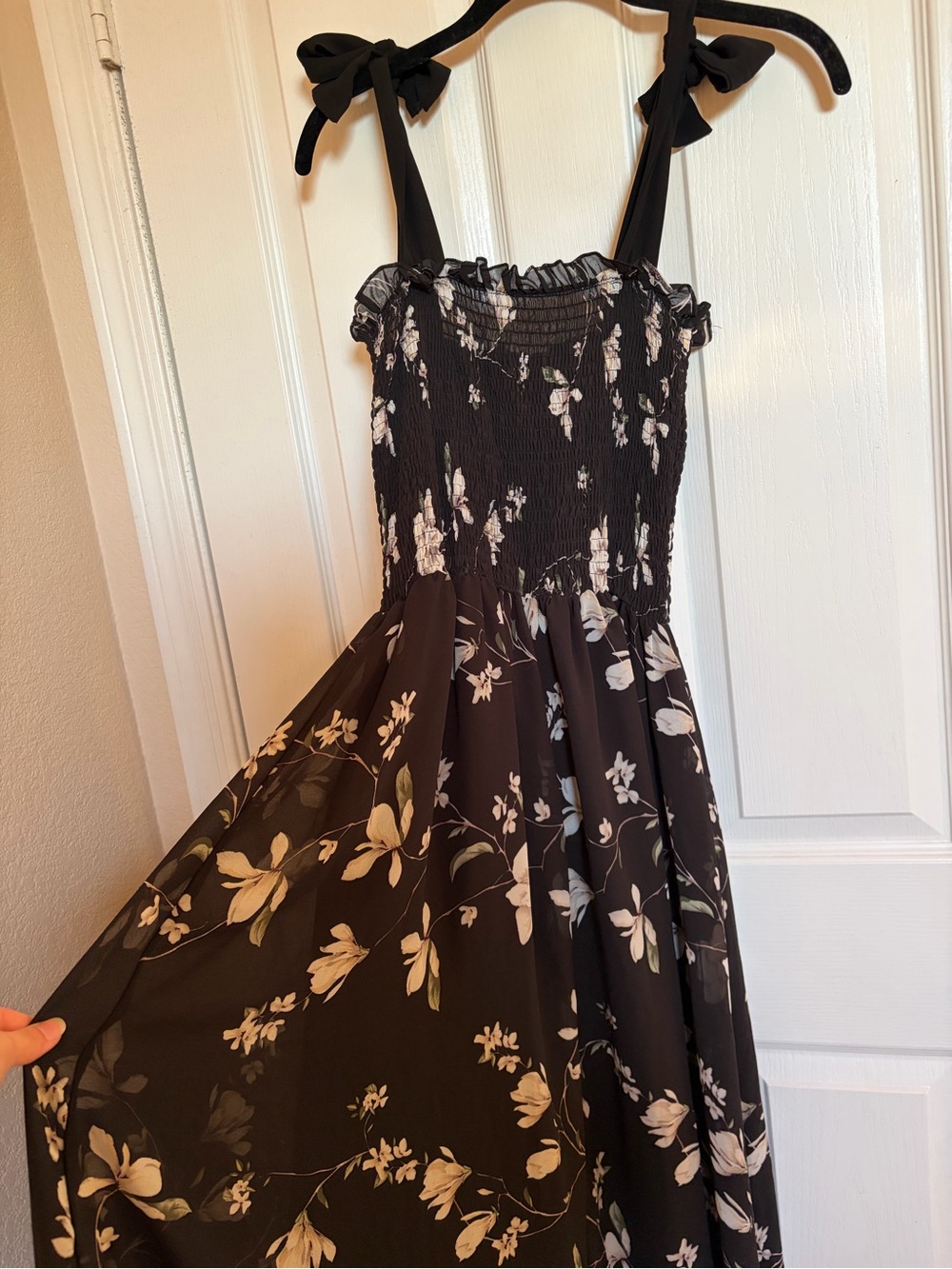 Black Floral Smocked Midi Dress with Tie Straps